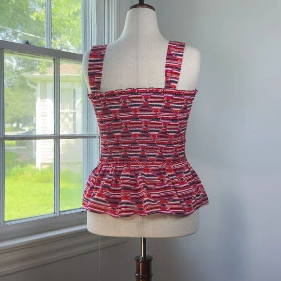 Loft Peplum Top Pink Striped Smocked Blouse 100% Cotton Dressy Casual Preppy Y2K - Picture 4 of 9